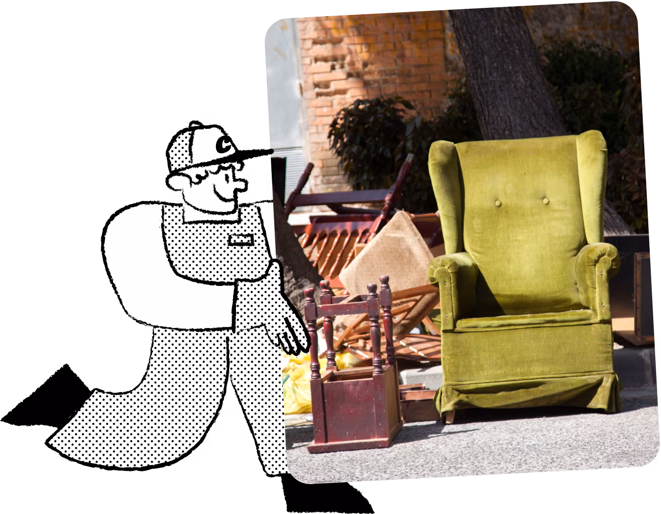 Illustration of Chuck, the mascot for a couch removal service, in cap and overalls, carrying a large sofa chair to highlight the range of furniture handled.