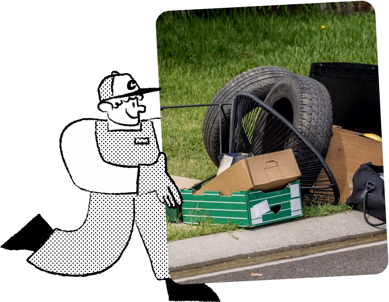 Illustration of Chuck, the mascot for a tyre removal service, in cap and overalls, carrying a large tire to highlight the range of old tyres handled.