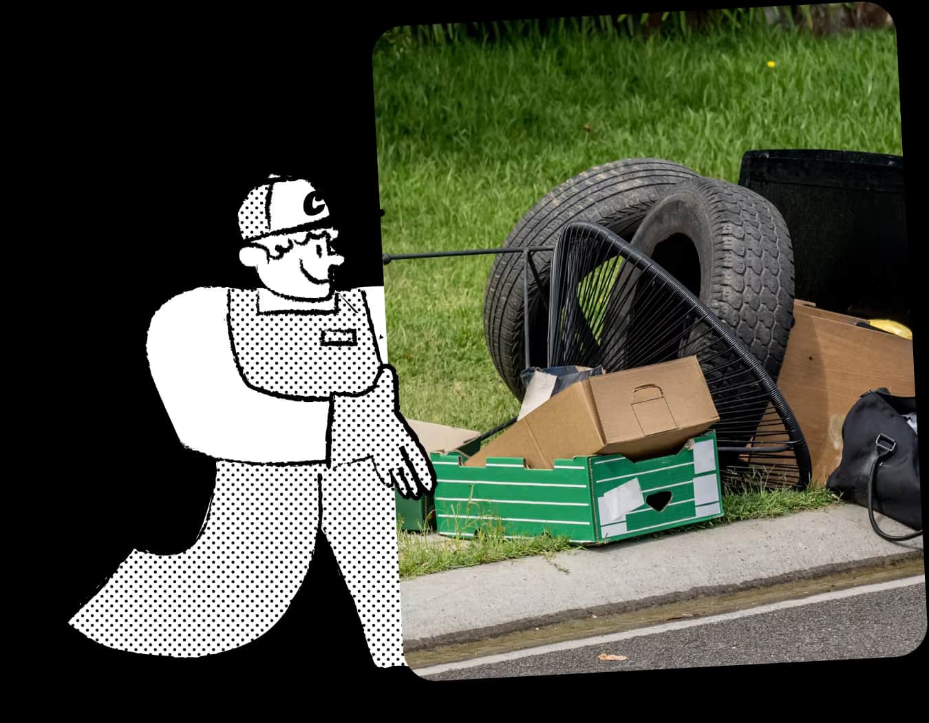 Illustration of Chuck, the mascot for a tyre removal service, in cap and overalls, carrying a large tire to highlight the range of old tyres handled.