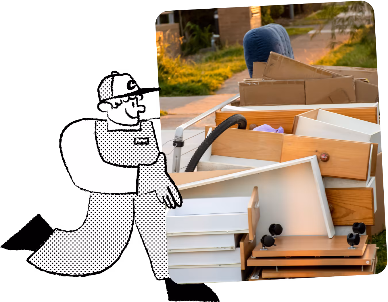 Illustration of Chuck, the mascot for a bulky item removal service, in cap and overalls, carrying a large item to highlight the range of bulky items handled.