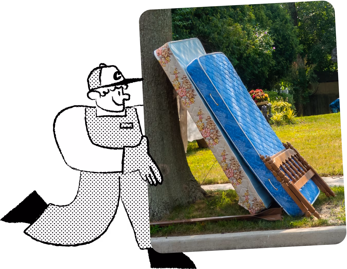Illustration of Chuck, the mascot for a mattress removal service, in cap and overalls, carrying a mattress to highlight the range of bulky items handled.