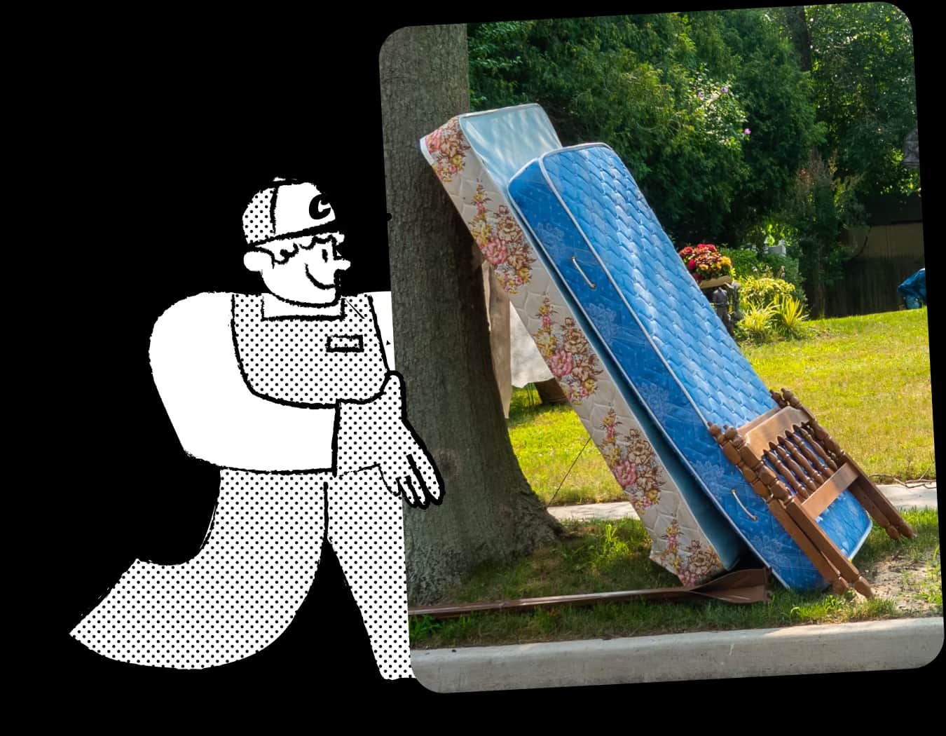 Illustration of Chuck, the mascot for a mattress removal service, in cap and overalls, carrying a mattress to highlight the range of bulky items handled.