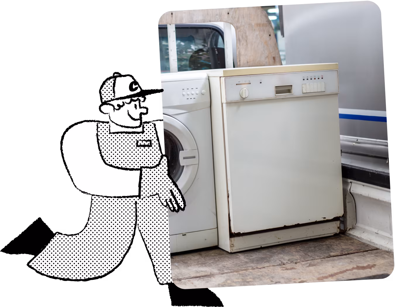 Illustration of Chuck, the mascot for a dishwasher disposal service, in cap and overalls, carrying a dishwasher to highlight the range of appliances handled.
