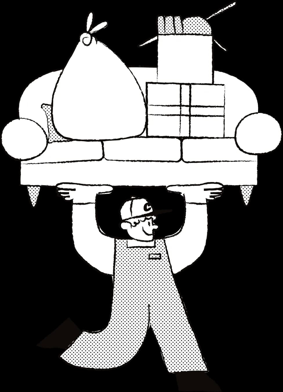 An illustration of the Chuck mascot carrying off a couch with a number of household junk items above his head.