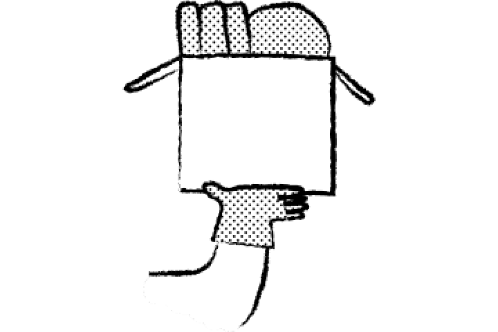 Illustration of a hand holding a large box of junk, representing hauling or moving items