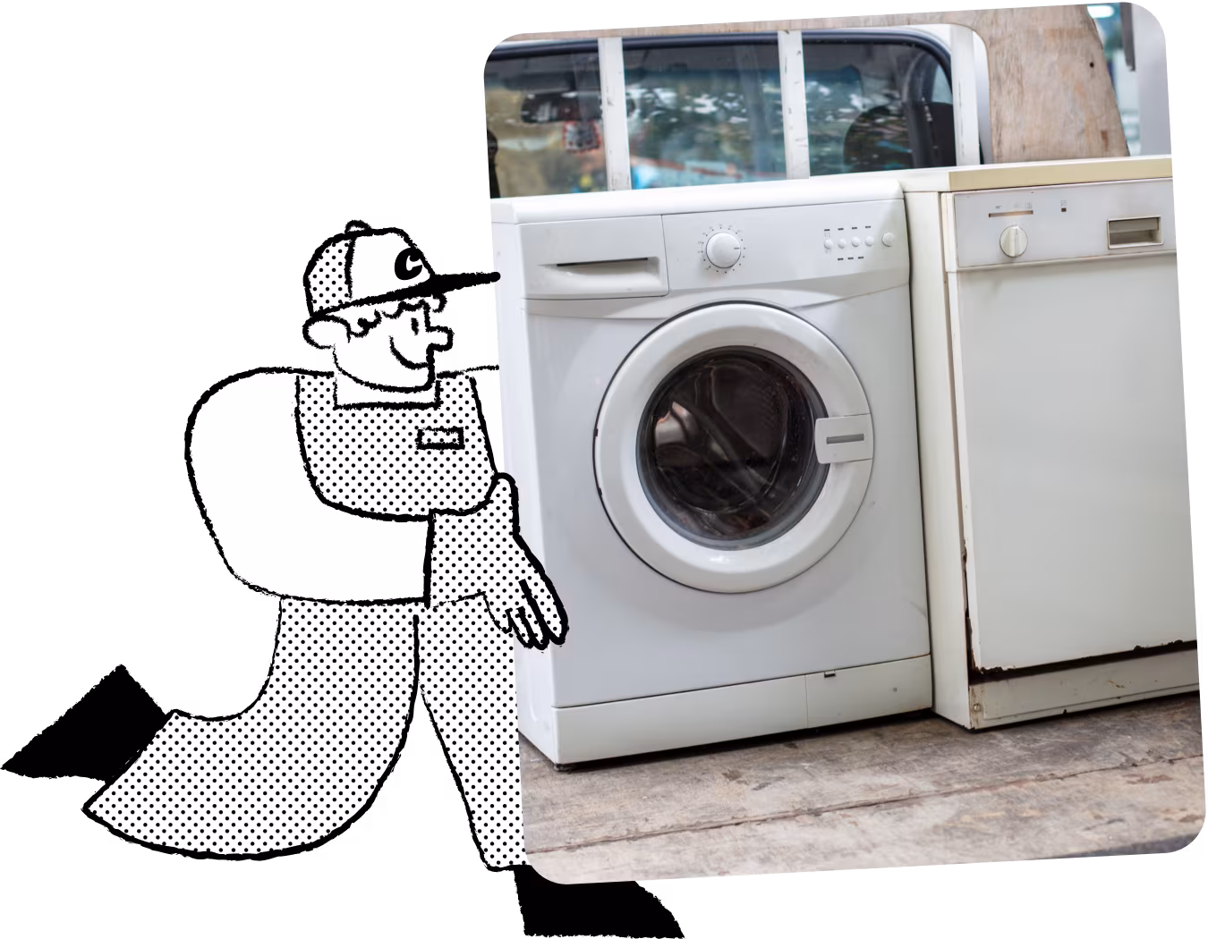 Illustration of Chuck, the mascot for a washing machine removal service, in cap and overalls, carrying a washing machine to highlight the range of appliances handled.