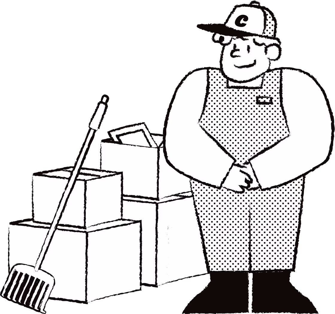 Illustration of Chuck's mascot, a friendly worker wearing overalls and a cap, standing beside a stack of boxes and a rake, representing organised junk removal and cleanup services.