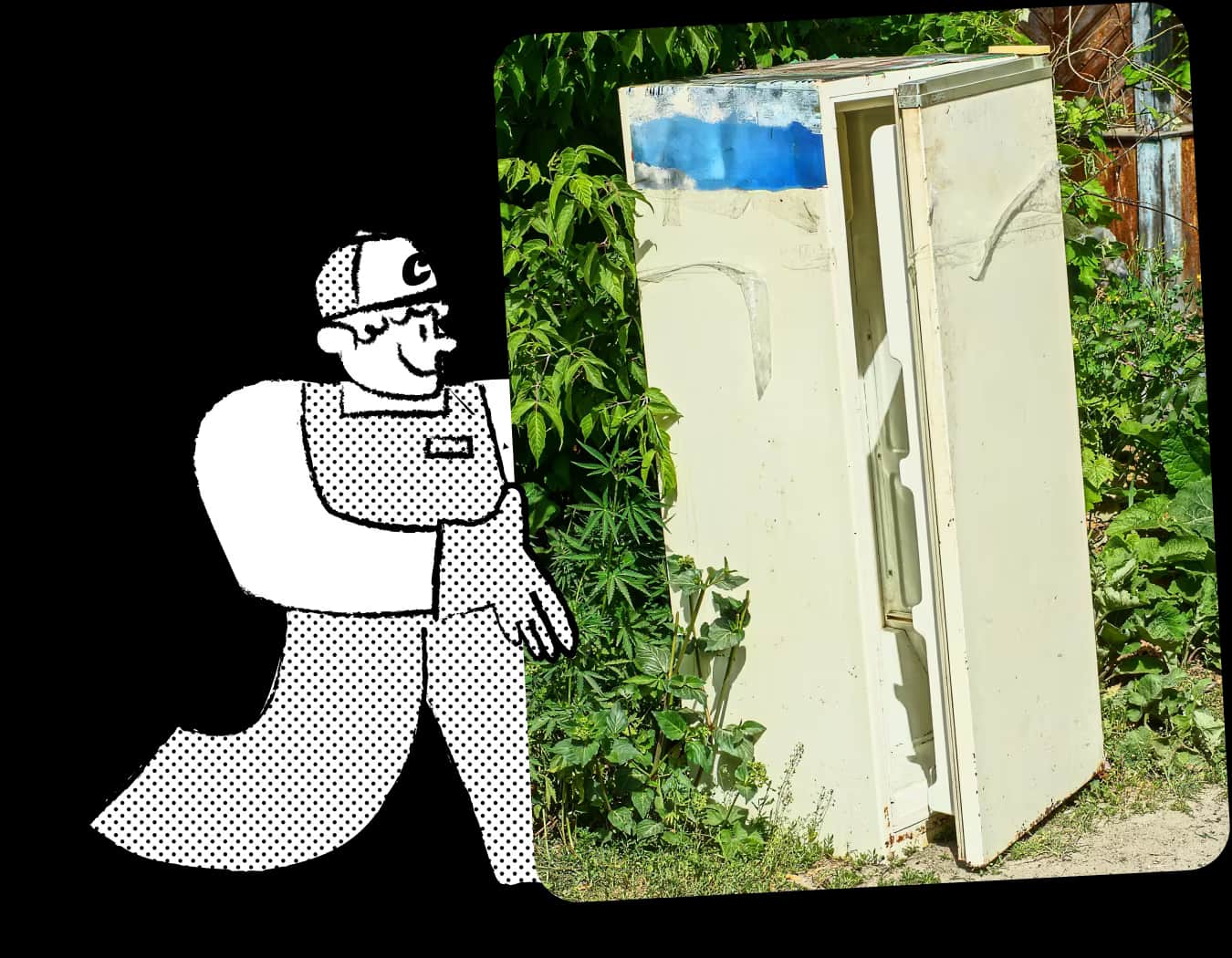 Illustration of Chuck, the mascot for a fridge removal service, in cap and overalls, carrying a refrigerator to highlight the range of appliances handled.