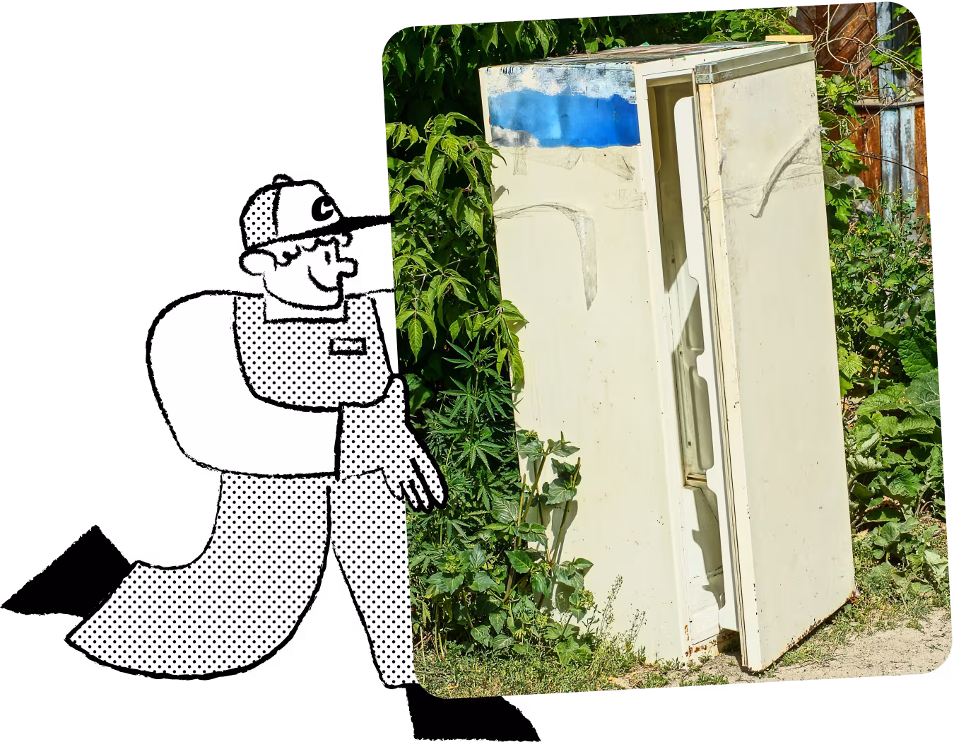 Illustration of Chuck, the mascot for a fridge removal service, in cap and overalls, carrying a refrigerator to highlight the range of appliances handled.