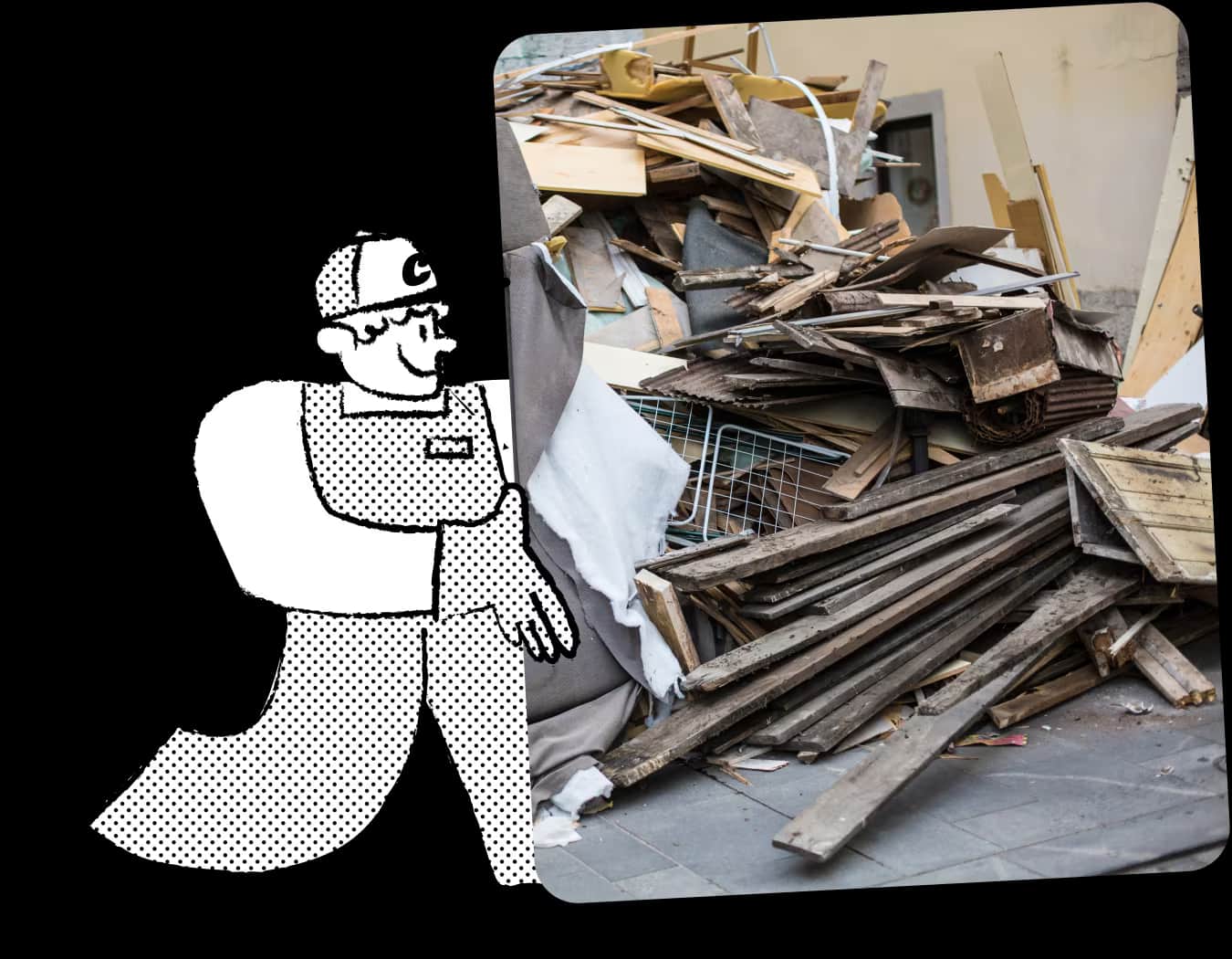 Illustration of Chuck, the mascot for a builders waste removal service, in cap and overalls, carrying construction debris to highlight the range of builders waste handled.