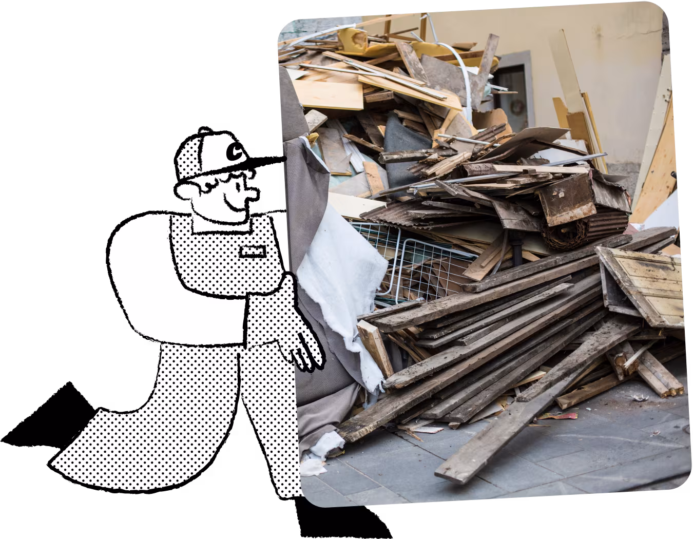 Illustration of Chuck, the mascot for a builders waste removal service, in cap and overalls, carrying construction debris to highlight the range of builders waste handled.