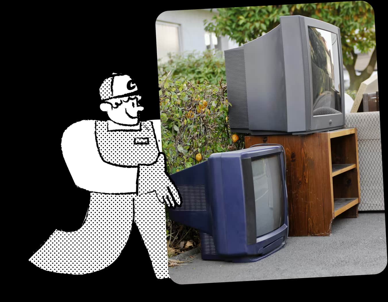 Illustration of Chuck, the mascot for a TV removal service, in cap and overalls, carrying an old television to highlight the range of electronics handled.