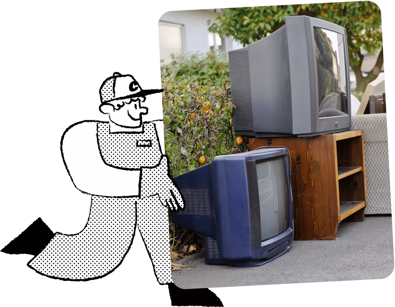 Illustration of Chuck, the mascot for a TV removal service, in cap and overalls, carrying an old television to highlight the range of electronics handled.