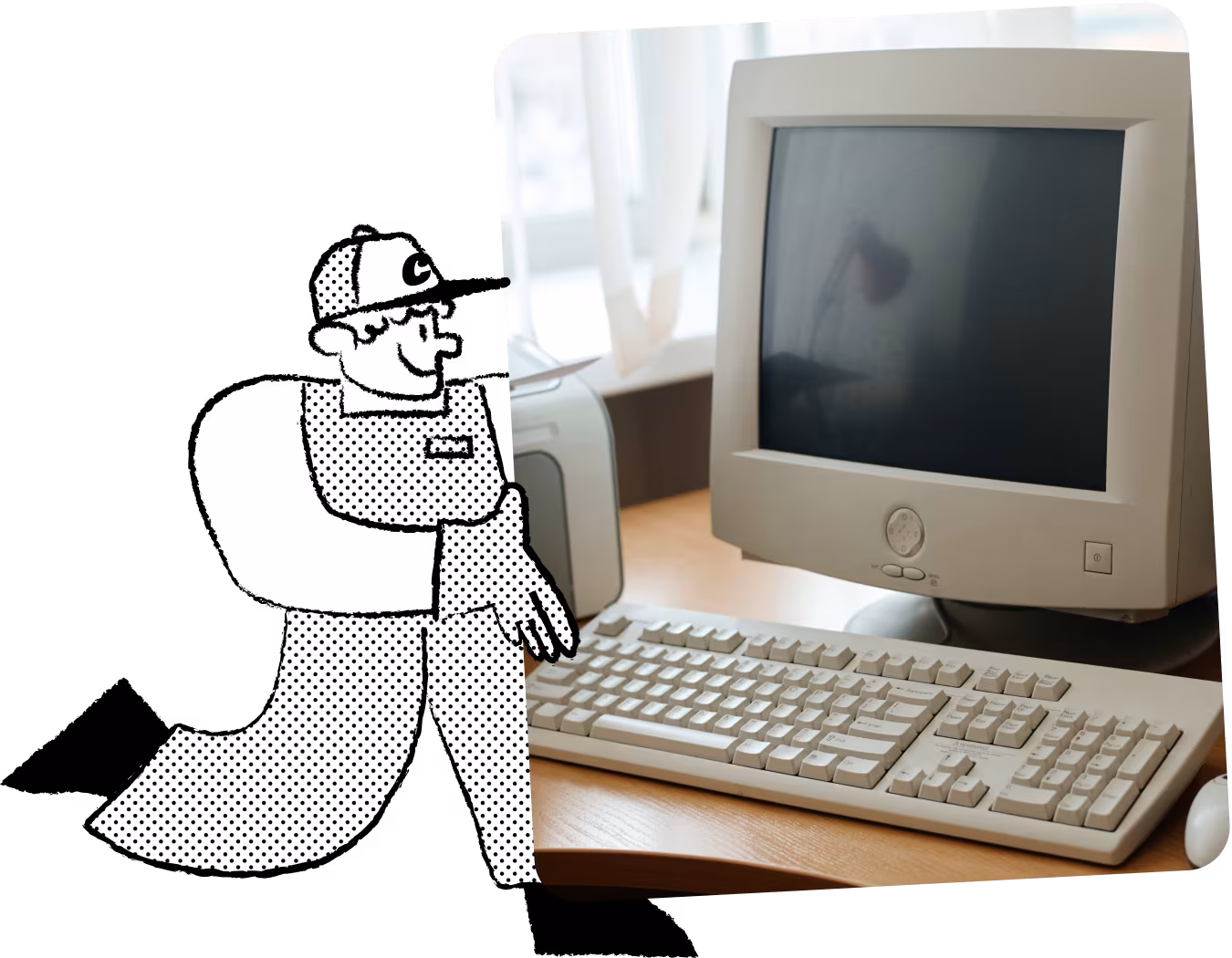 Illustration of Chuck, the mascot for an electronic waste removal service, in cap and overalls, carrying discarded electronics to highlight the range of e-waste handled.