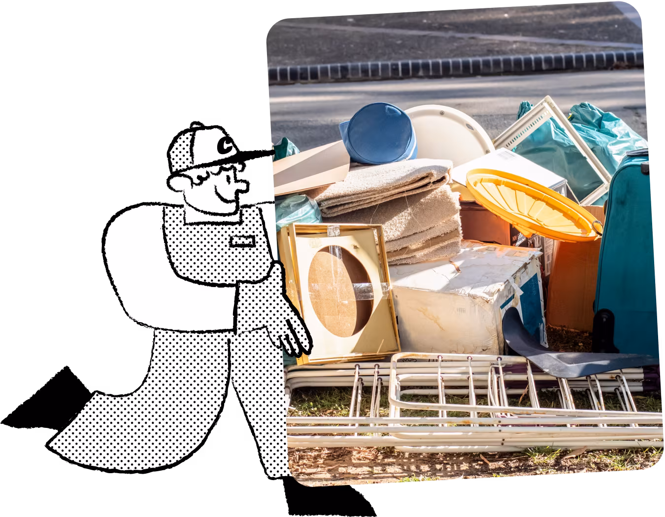 Illustration of Chuck, the mascot for a rubbish removal service, in cap and overalls with household items in the background, highlighting the range handled by the service.