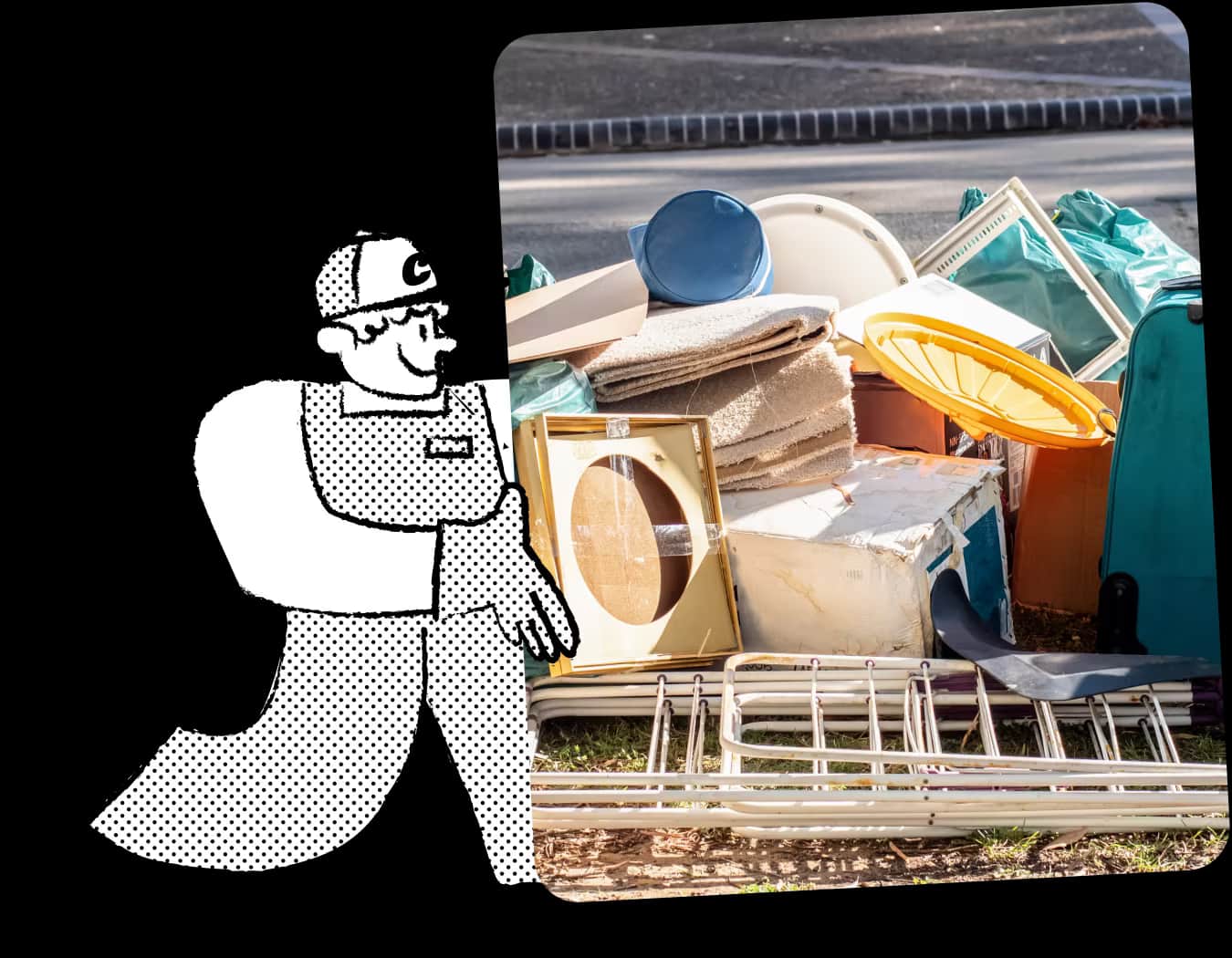 Illustration of Chuck, the mascot for a rubbish removal service, in cap and overalls with household items in the background, highlighting the range handled by the service.